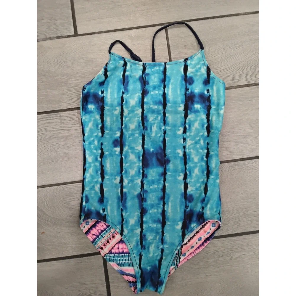 Justice Girls Reversible‎ One Piece Swimsuit Tie Dye Tribal Blue Pink Size 12